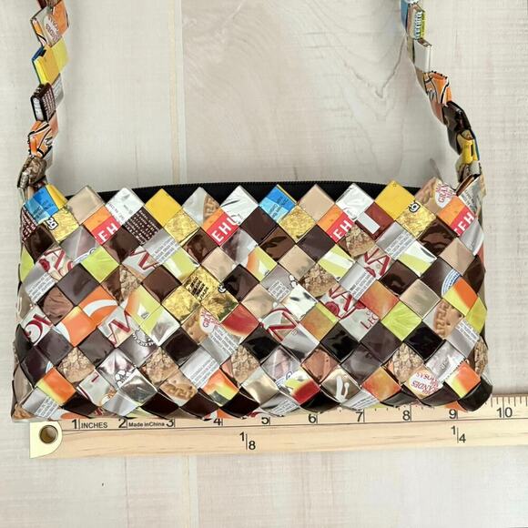 Upcycled Candy Wrapper Woven Crossbody Shoulder Bag Multicolor Eco Friendly Fall - Picture 4 of 7
